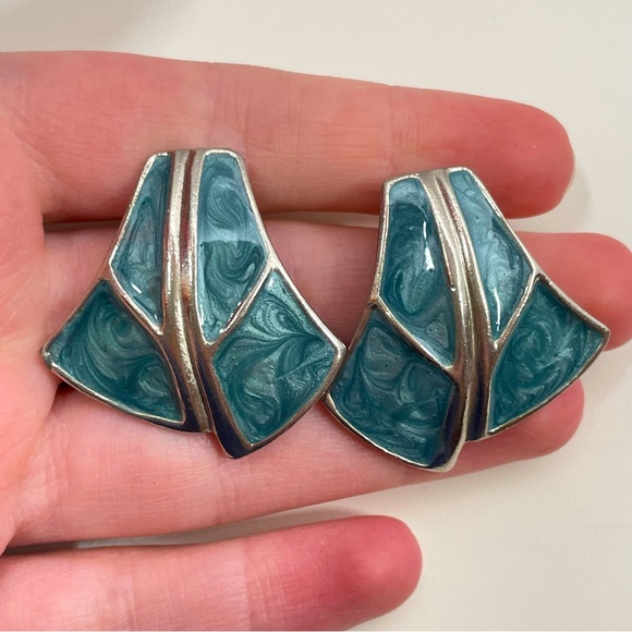 Vintage Teal Enamel Mermaid Summer Festival Boho Southwestern Abstract Earrings - Picture 1 of 5